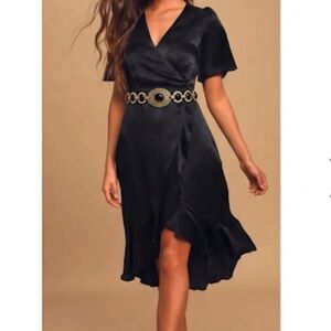 NWT Lulus Wrapped Up In Love Black Satin Faux-Wrap Midi Dress L - No Sash/belt